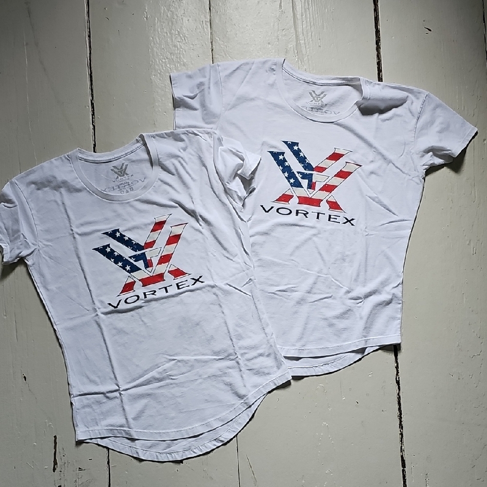 Women's White T-Shirt with Red and Blue Design
